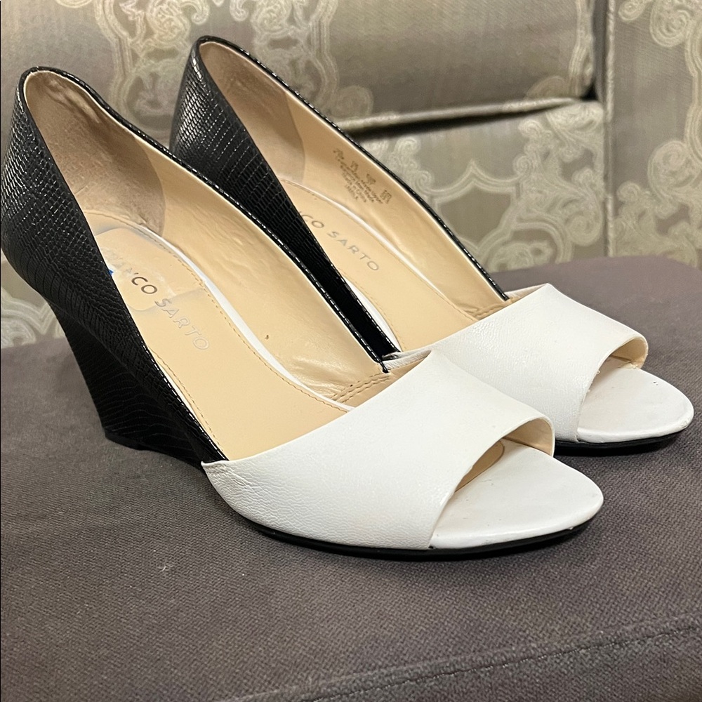 Franco Sarto Black and White Peep-Toe Wedge Heels